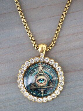 Evil Eye Round Blue Pendant with CZ Diamonds Necklace 18k Gold Plated Stainless